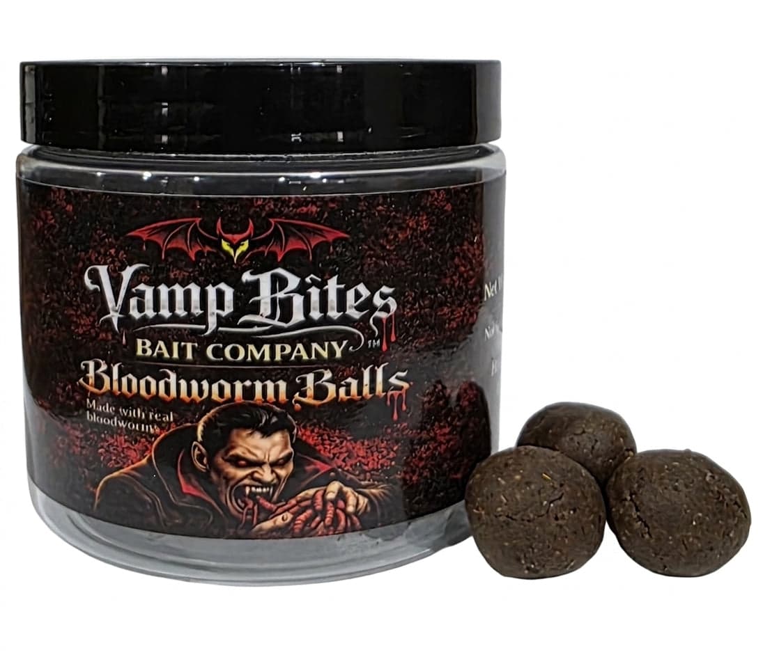 Jar of Vamp Bites Bloodworm Balls with three bait balls